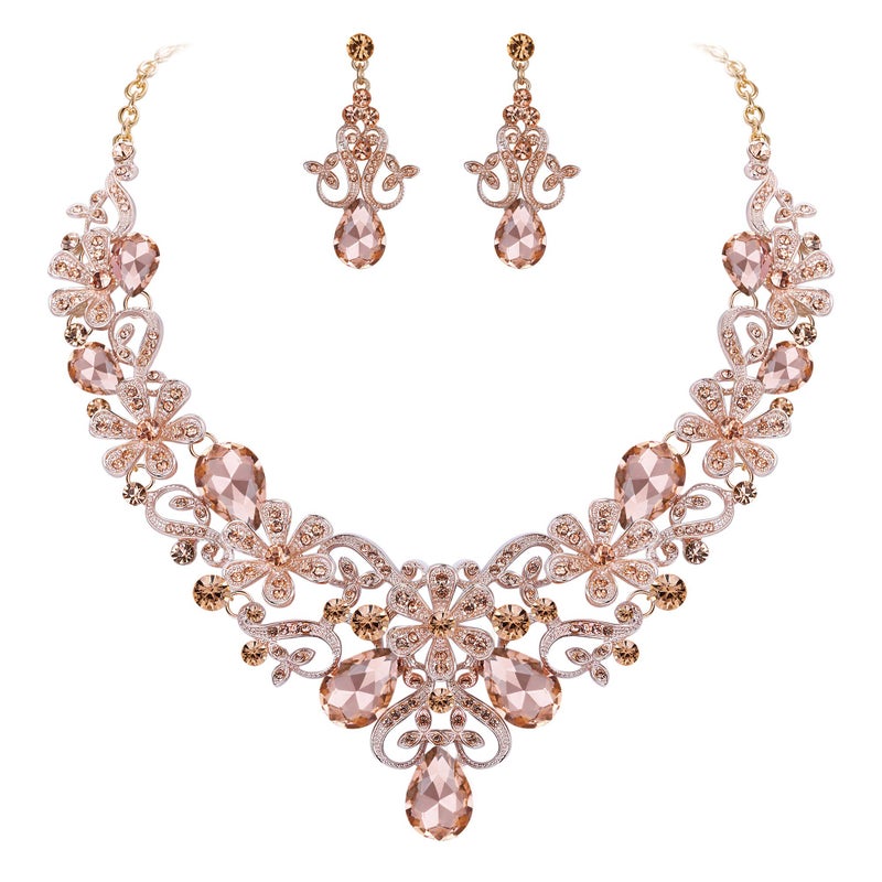 BriLove Women's Costume Elegant Crystal Flower Scroll Teardrop Statement Necklace Dangle Earrings Set Peach Morganite Color Rose-Gold-Toned - Image 1
